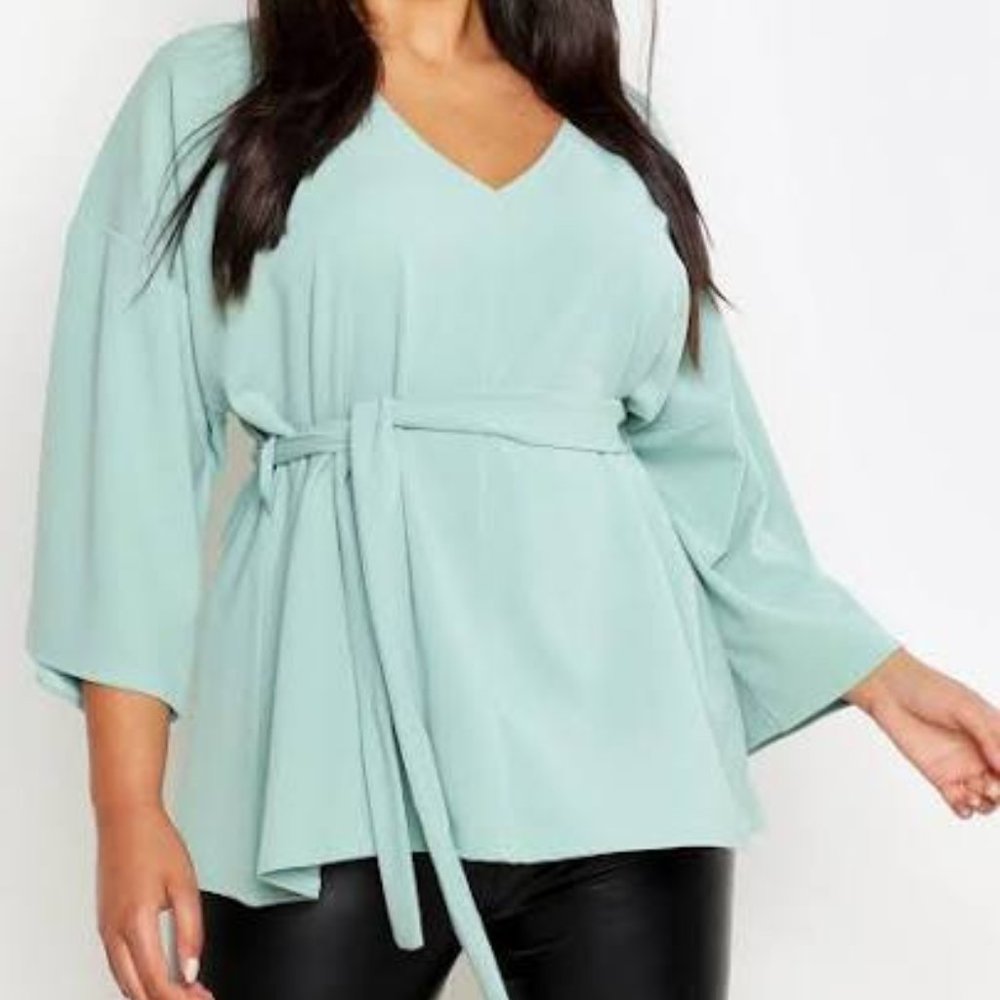 BooHoo Woven Kimono Sleeve Top with Sash